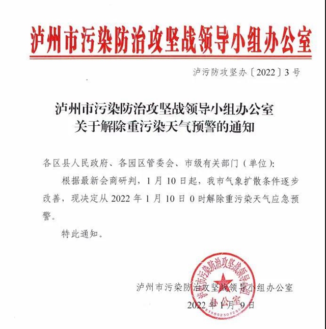 今日0时，泸州市解除重污染天气预警(图1)