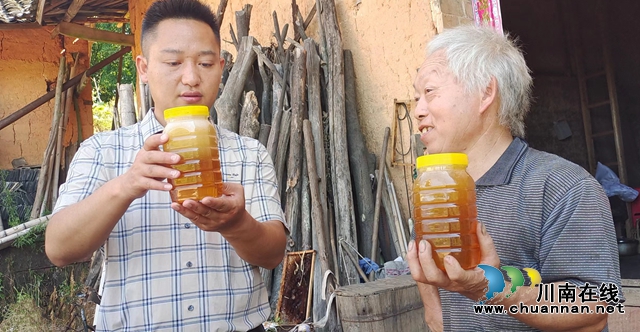 纳溪白节镇:“第一书记”卖蜂蜜,六旬脱贫户土蜂蜜成“香饽饽”(图2) 图2:王林(左)查看王殿均的蜂蜜.jpg