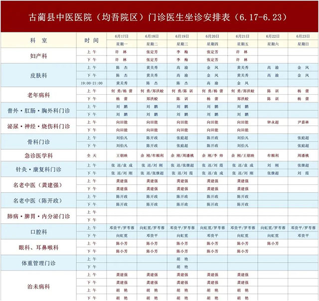 古蔺县中医医院6月17日-6月23日新老院区门诊医生排班表