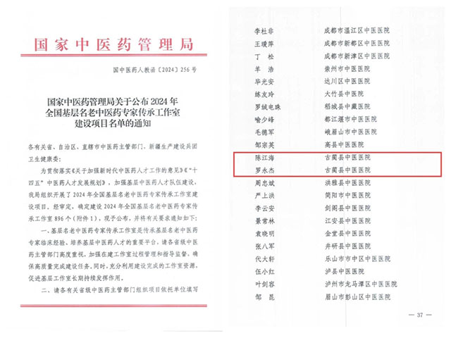 古蔺县中医医院陈江海、罗永杰入选2024年全国基层名老中医药专家传承工作室建设项目名单