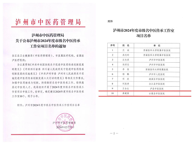 古蔺县中医医院龚建强入选2024年度市级名中医传承工作室项目名单