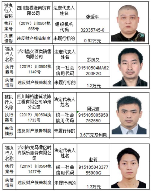 泸州市龙马潭区人民法院曝光2020年第一批失信名单