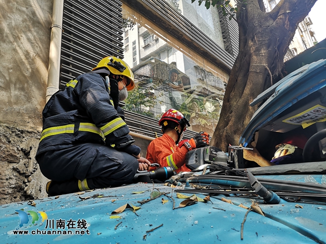 ​​​视频||垃圾车失控撞树副驾驶员被困 泸州消防紧急救援