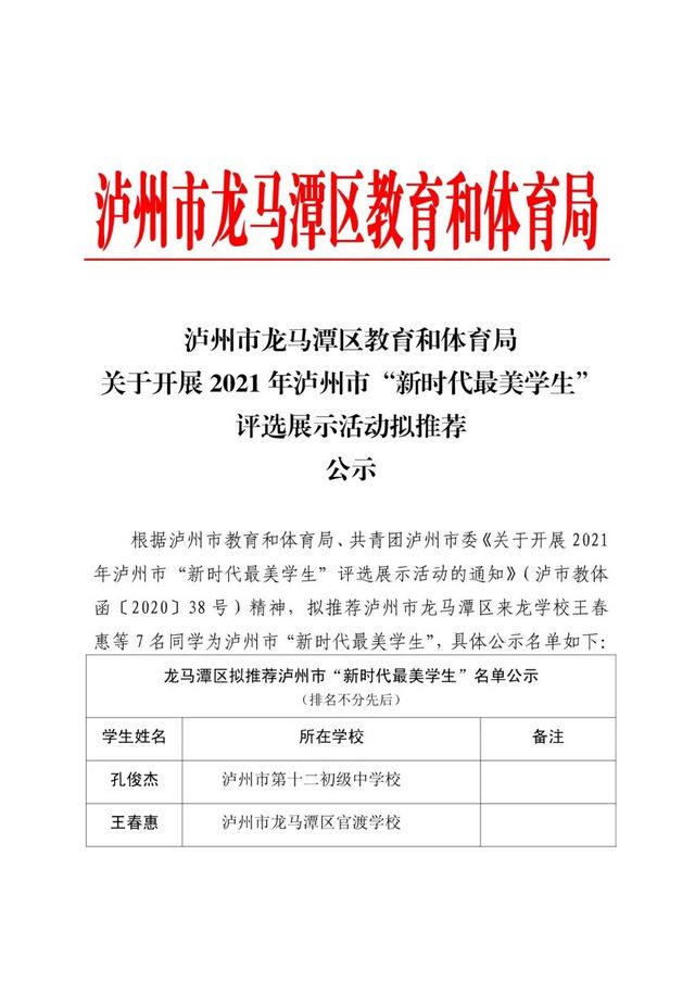 公示！龙马潭区关于开展2021年泸州市“新时代最美学生”评选展示活动拟推荐名单(图1)