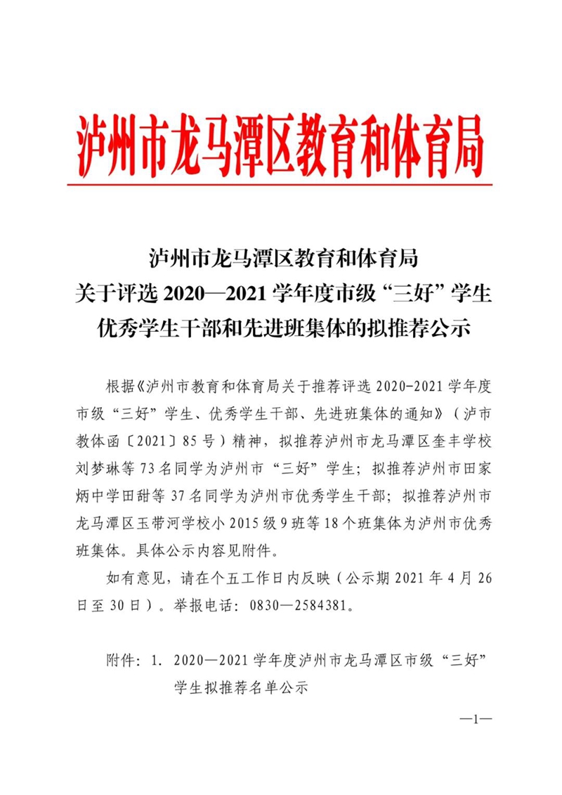 龙马潭：2020-2021学年度市级“三好”学生优秀学生干部和先进班集体的拟推荐公示(图1)