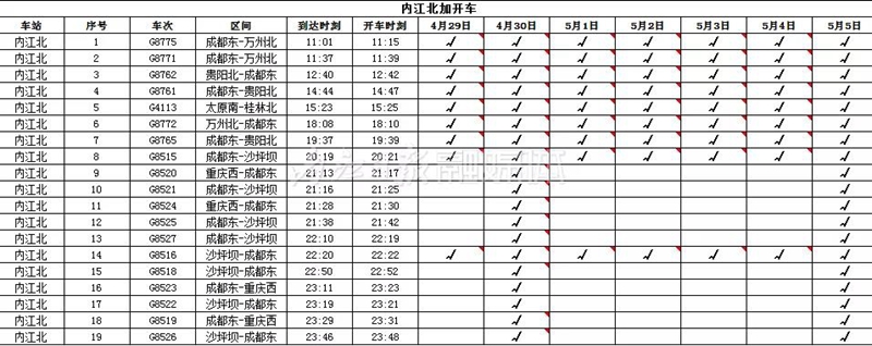 紧急通知！五一期间，内江、隆昌、资中将加开、停开这些高铁列车(图1)