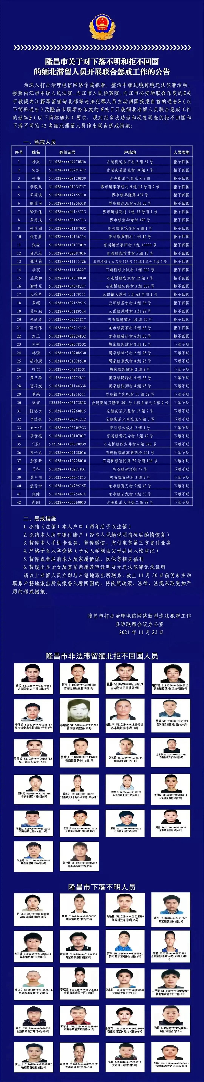 实名曝光！冻结户口和银行账户、暂停通讯业务…42名隆昌人被惩戒