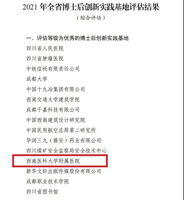 西南医大附院博士后创新实践基地获评优秀等级！